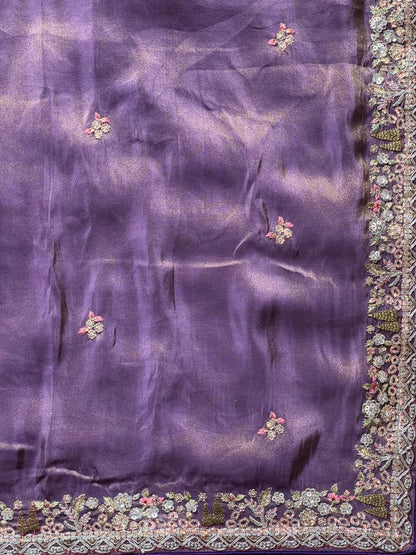 Lavender Tissue Silk Heavy Work Designer Saree with Readymade Blouse