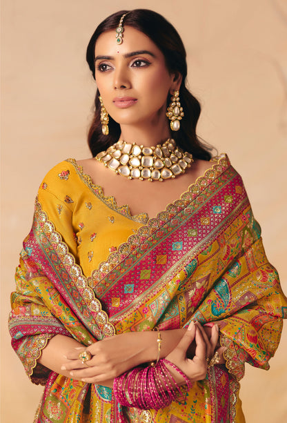 Yellow Dola Silk Half Embroidery & Half Position Print Saree