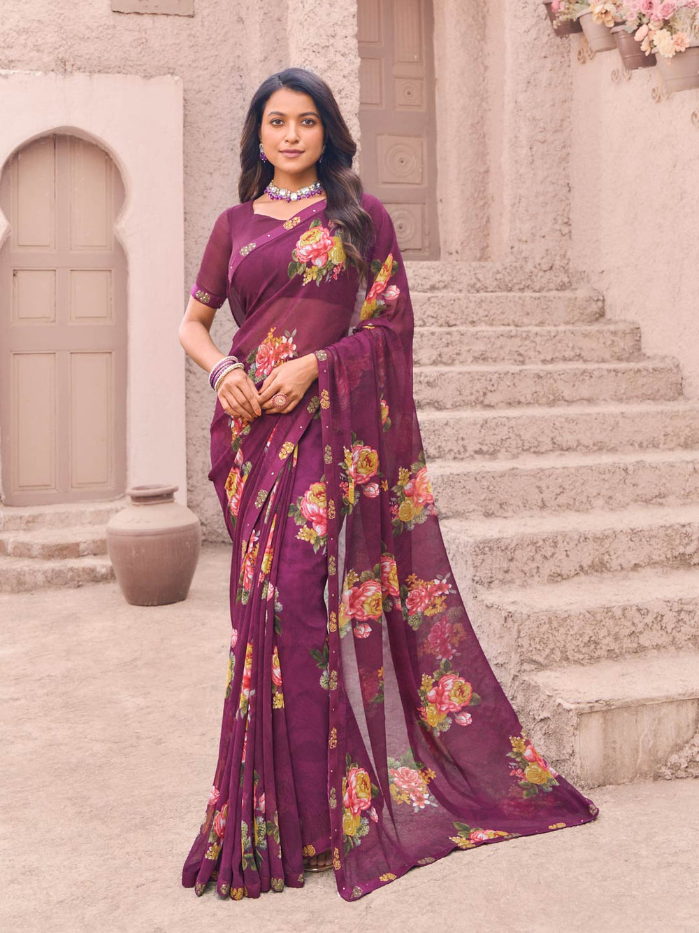 Laxmipati Namrata Wine Georgette Floral Printed Saree