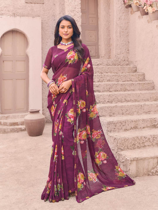 Laxmipati Namrata Wine Georgette Floral Printed Saree
