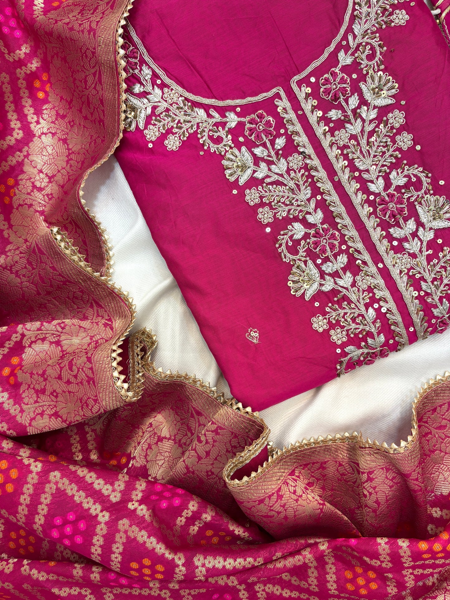 Beautiful Silk Zari Unstitch Suit Set with Potli Bag