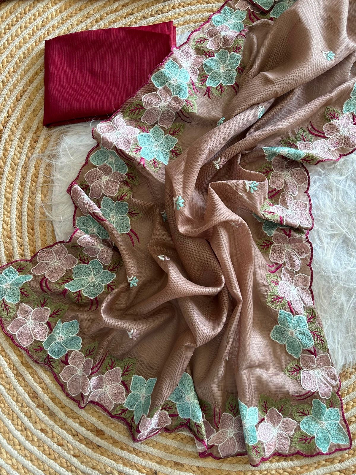 Soft Kota Doriya Saree with Embroidery Floral Work