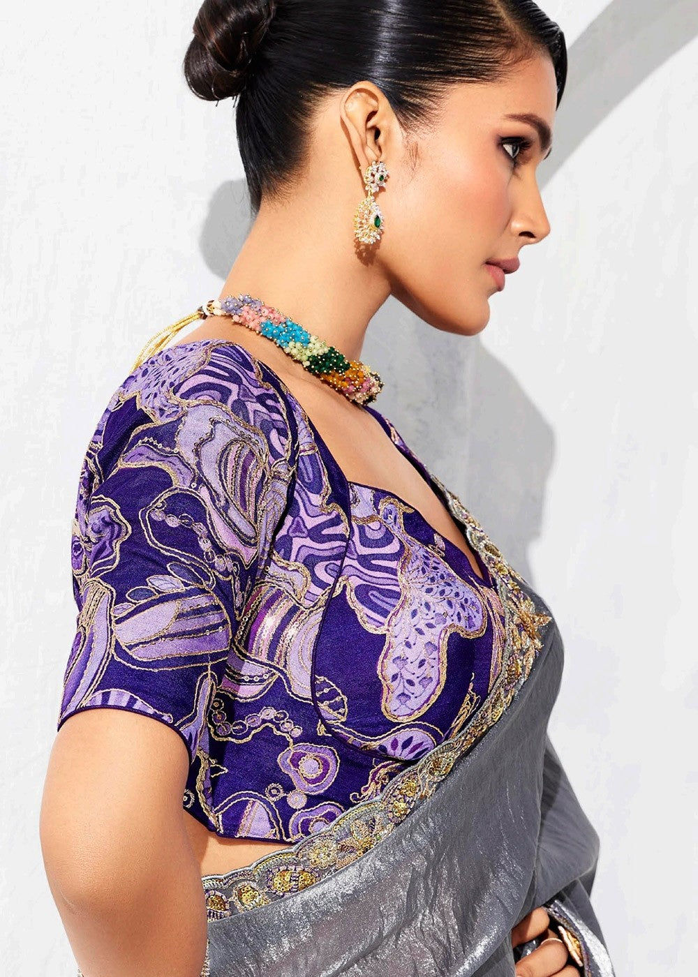 Grey Zari Tissue Saree with Printed Blouse