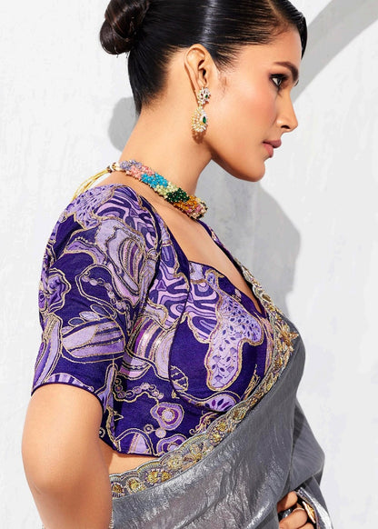 Grey Zari Tissue Saree with Printed Blouse