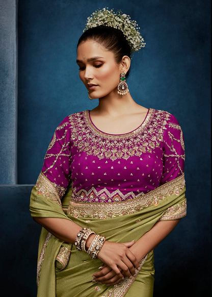 Sage Green Soft Tissue Silk Designer Saree with Readymade Blouse