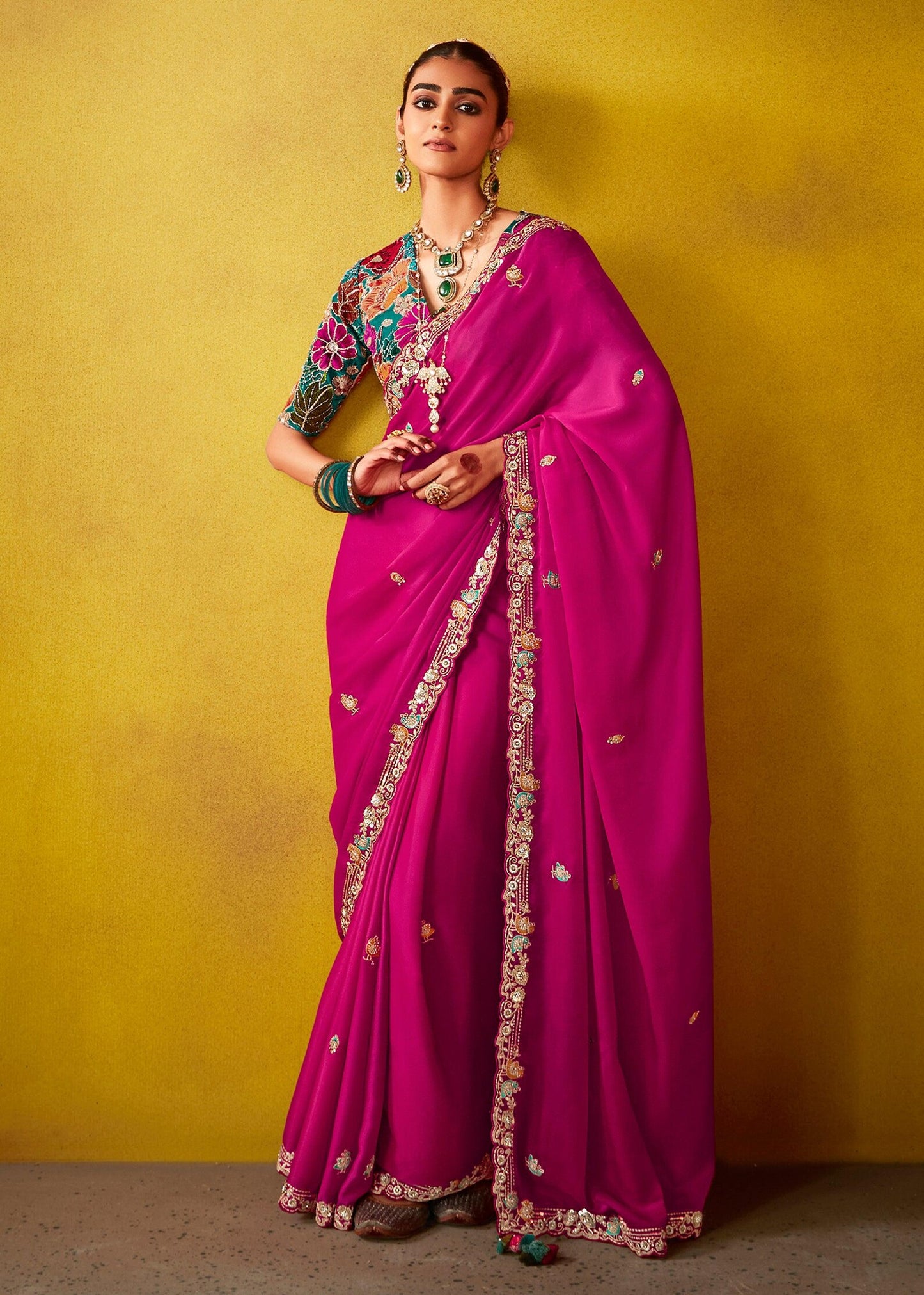 Magenta Pink Soft Tissue Silk Saree with Multicolour Blouse