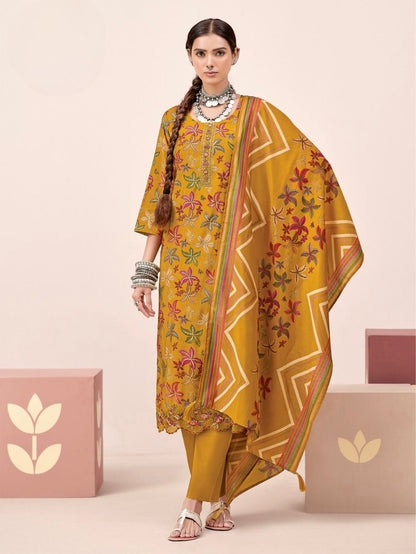Yellow Pure Modal Printed Suit With Pant & Dupatta