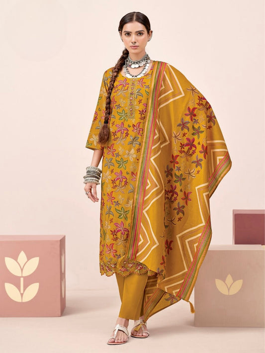 Yellow Pure Modal Printed Suit With Pant & Dupatta