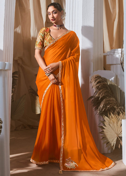 Peel Orange Soft Tissue Silk Designer Saree