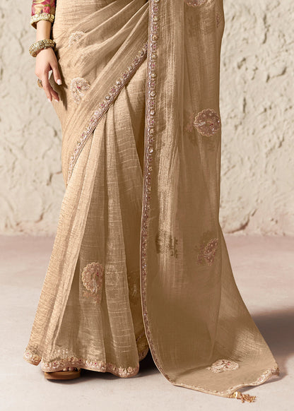 Sand Beige Organza Tissue Designer Saree
