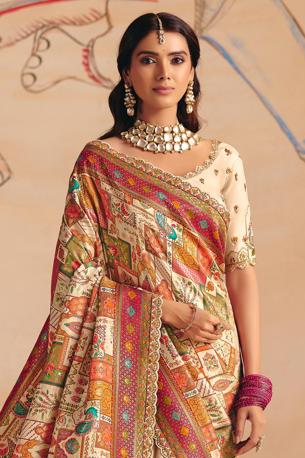 Cream Dola Silk Half Embroidery & Half Position Print Saree
