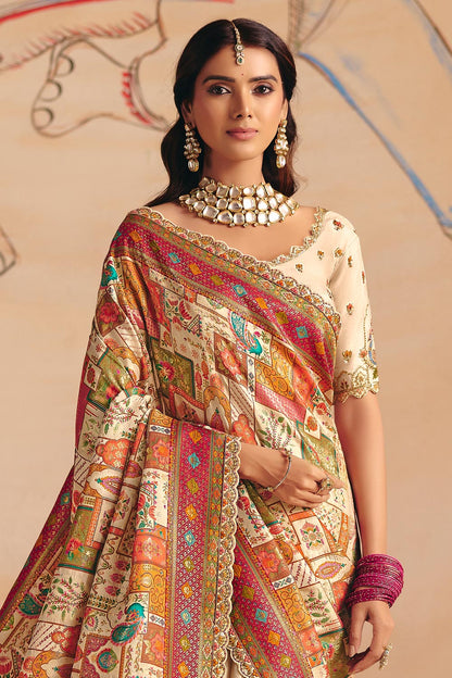Cream Dola Silk Half Embroidery & Half Position Print Saree