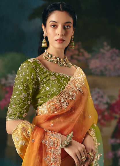 Orange & Green Soft Tissue Silk Designer Saree