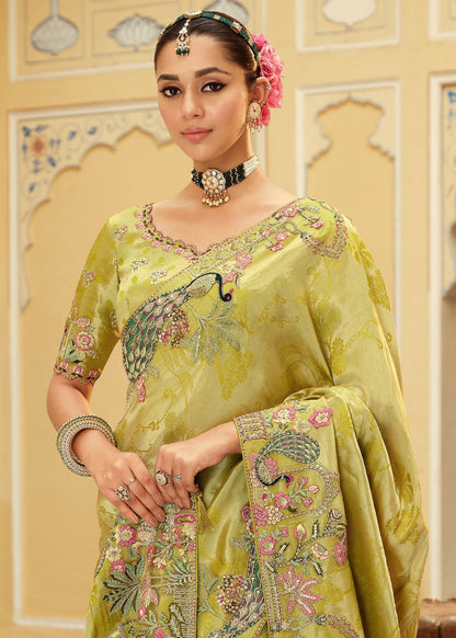 Olive Green Embroidered Border Zari Viscose Silk Saree With matching Blouse