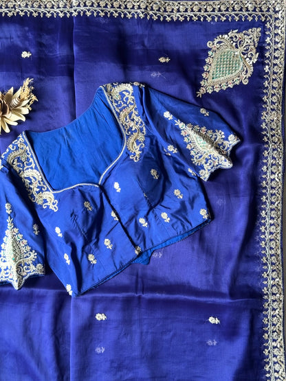 Royal Blue Tissue Silk Saree with designer blouse piece