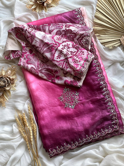 Pink & Cream Hue Soft Tissue Silk Designer Saree