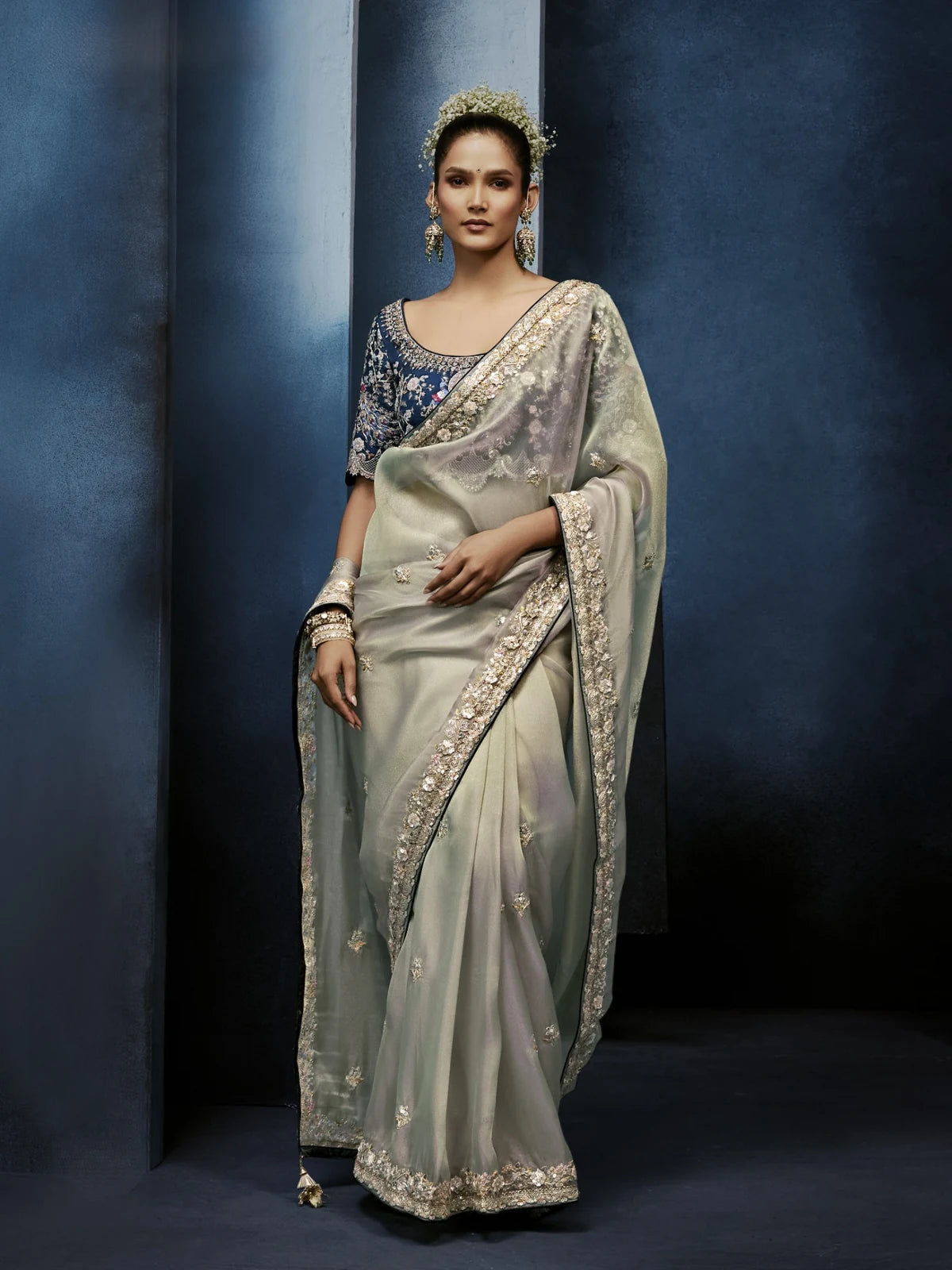 Ash Grey Organza Tissue Silk Designer Saree with Readymade Blouse