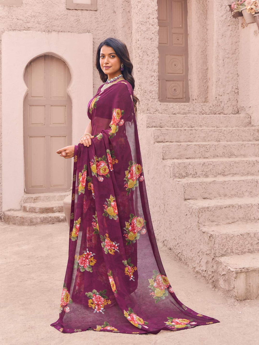 Laxmipati Namrata Wine Georgette Floral Printed Saree