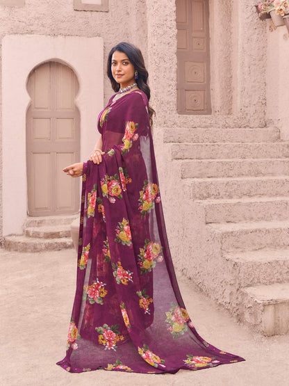 Laxmipati Namrata Wine Georgette Floral Printed Saree