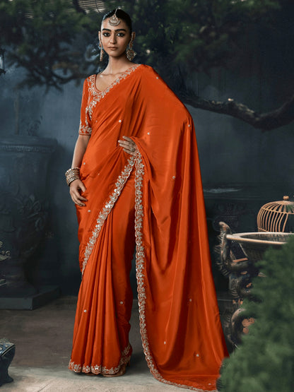 Siena Orange Soft Tissue Silk floral border Designer Saree