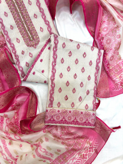 Cream Handwork Silk Unstitch Suit Set