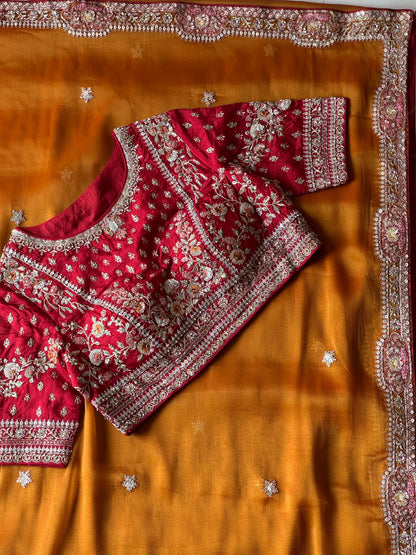 Mustard Yellow Tissue Silk Saree with Designer Readymade Blouse