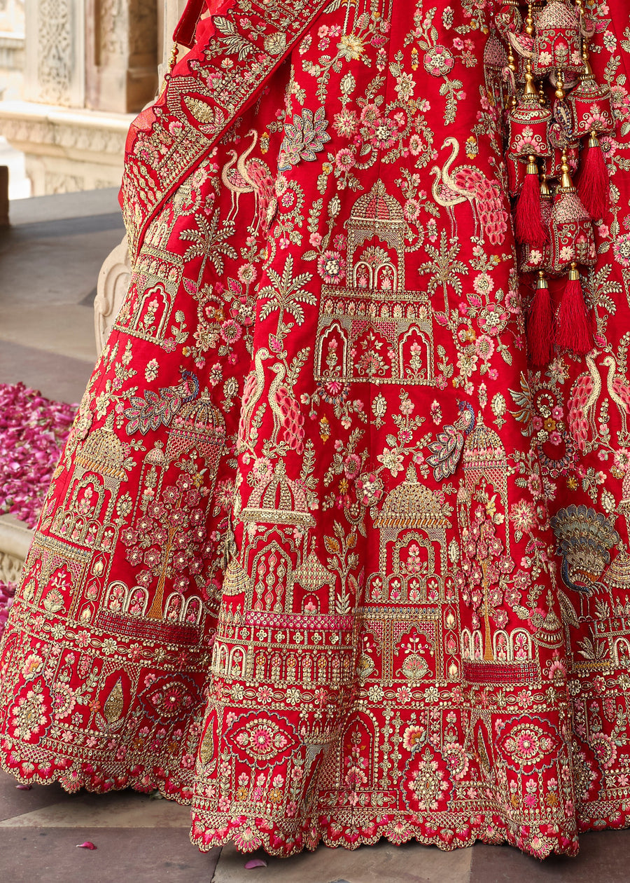 Red Raw Silk Bridal Wedding Lehenga Set With Heavy Net Dupatta