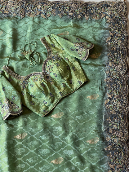 Leaf Green With Teal Blue Embroidered Border Zari Viscose Tissue Saree With Dusty Green Blouse