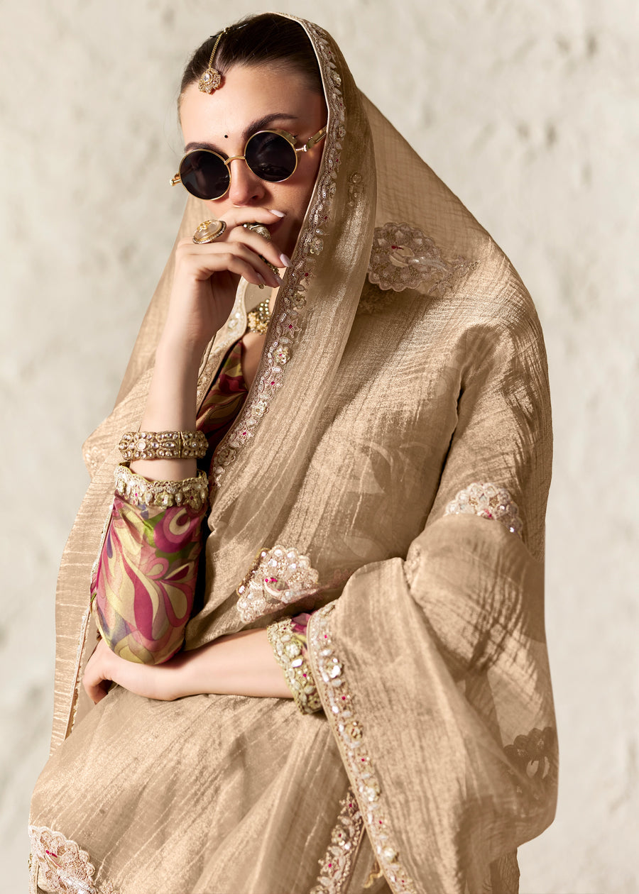 Sand Beige Organza Tissue Designer Saree