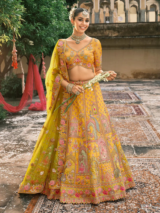 Golden Beige Silk Embroidered Designer Lehenga
