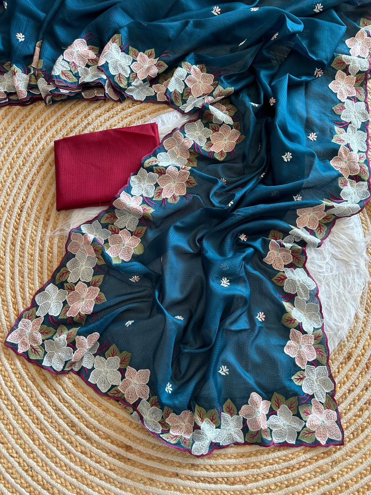 Soft Kota Doriya Saree with Embroidery Floral Work