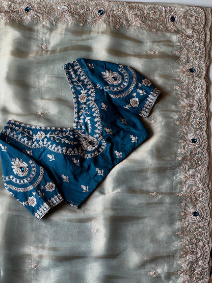 Ice Blue Soft Organza Silk Saree with Designer Blouse