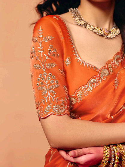 Orange Soft Tissue Silk Designer Saree
