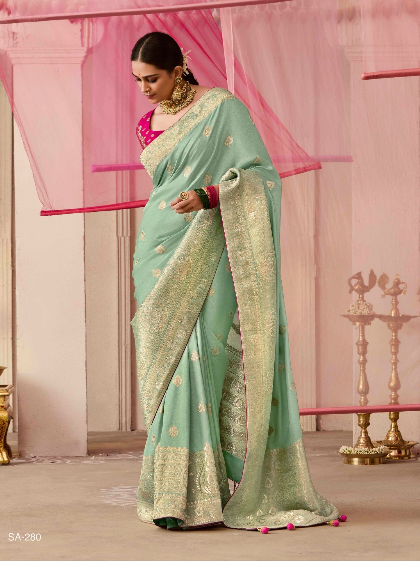 Pista Green Pure Dola Silk Weaving Saree
