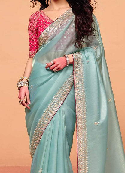 Sky Blue Soft Tissue Silk Designer Saree (Unstitched blouse)