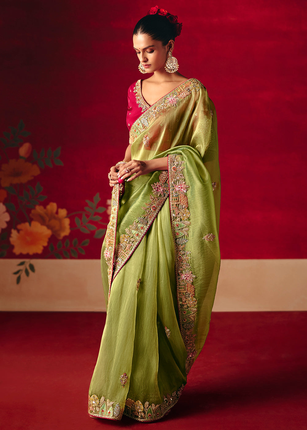 Olive Green Partywear Organza Tissue Silk Saree