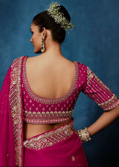 Rani Pink Tissue Silk Saree with Heavy Readymade Blouse