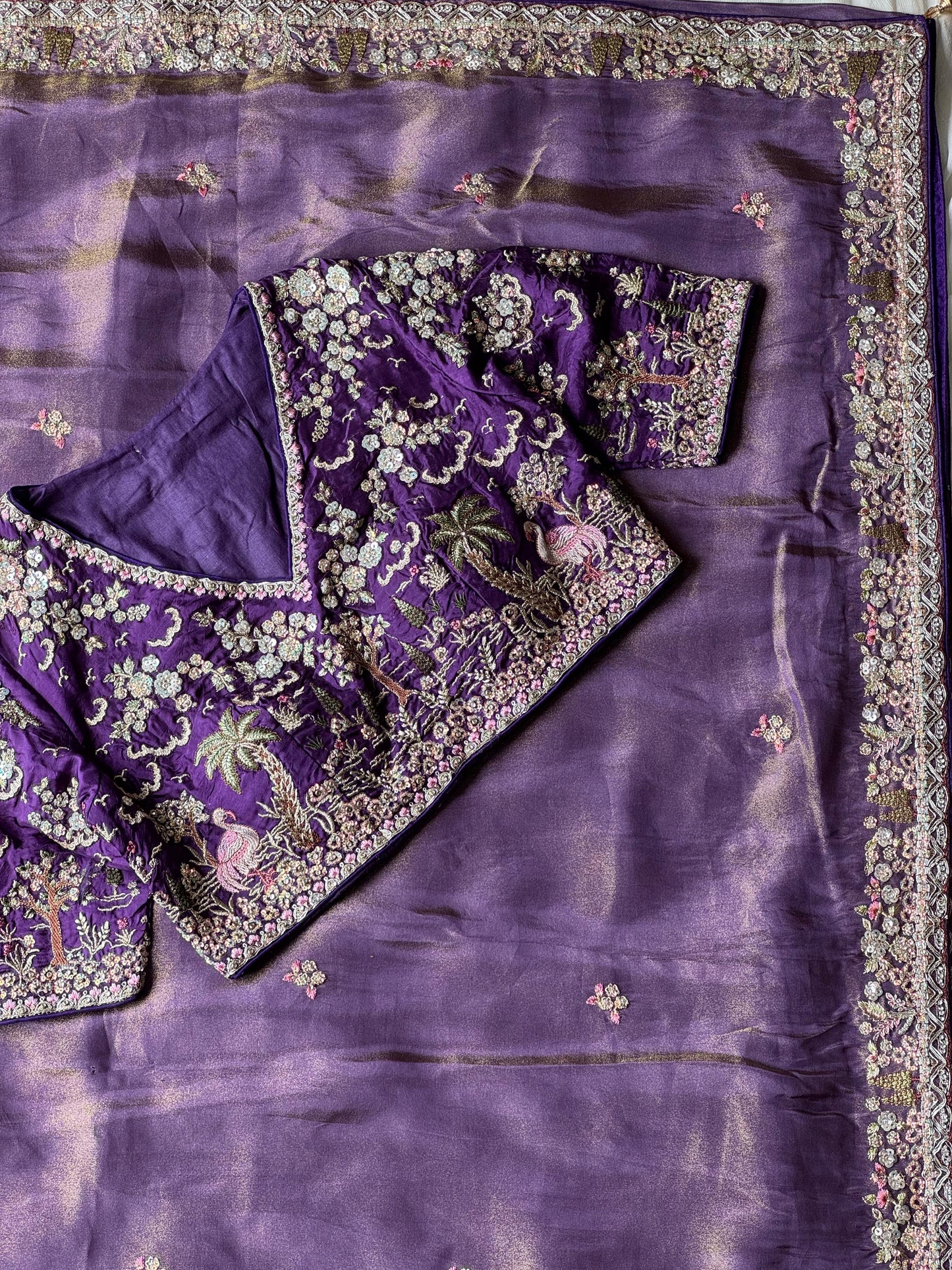 Lavender Tissue Silk Heavy Work Designer Saree with Readymade Blouse