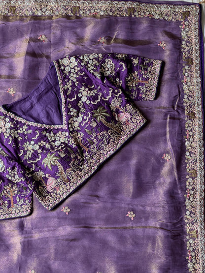 Lavender Tissue Silk Heavy Work Designer Saree with Readymade Blouse