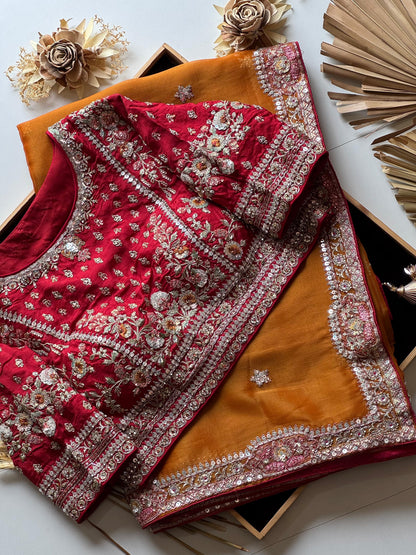 Mustard Yellow Tissue Silk Saree with Designer Readymade Blouse