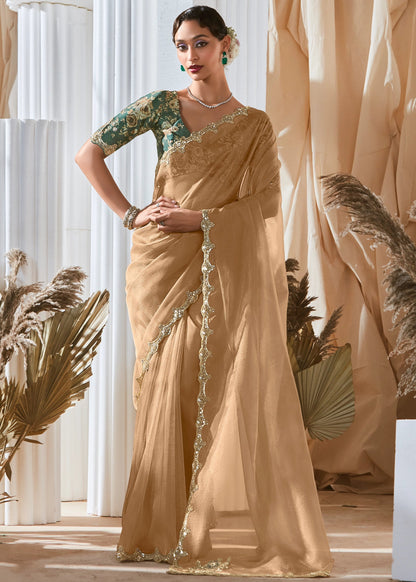Sand Beige Organza Tissue Silk Designer Saree