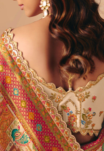 Cream Dola Silk Half Embroidery & Half Position Print Saree