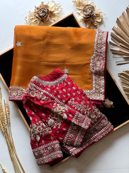 Mustard Yellow Tissue Silk Saree with Designer Readymade Blouse