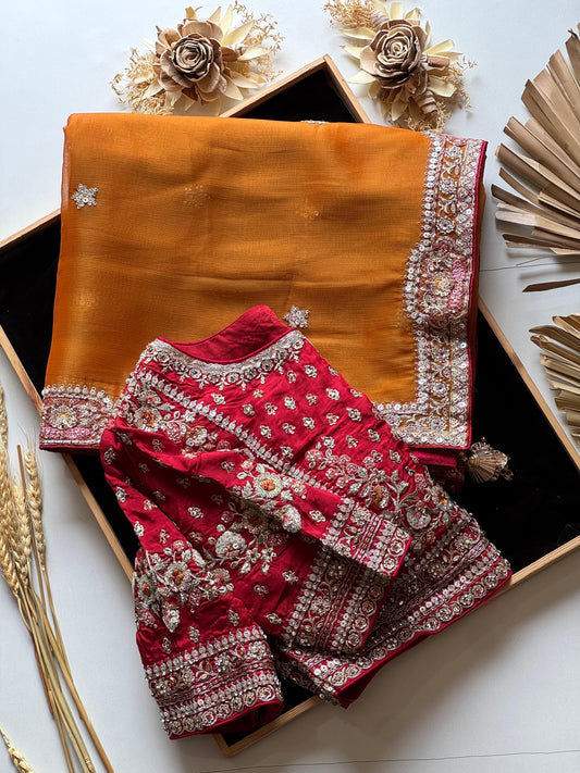 Mustard Yellow Tissue Silk Saree with Designer Readymade Blouse