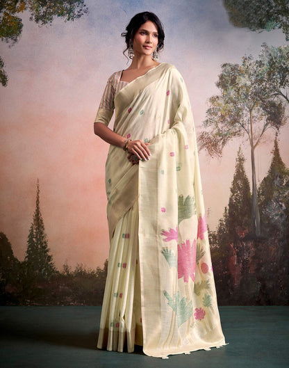 Pure Linen Silk Cream Saree with Weaving Work