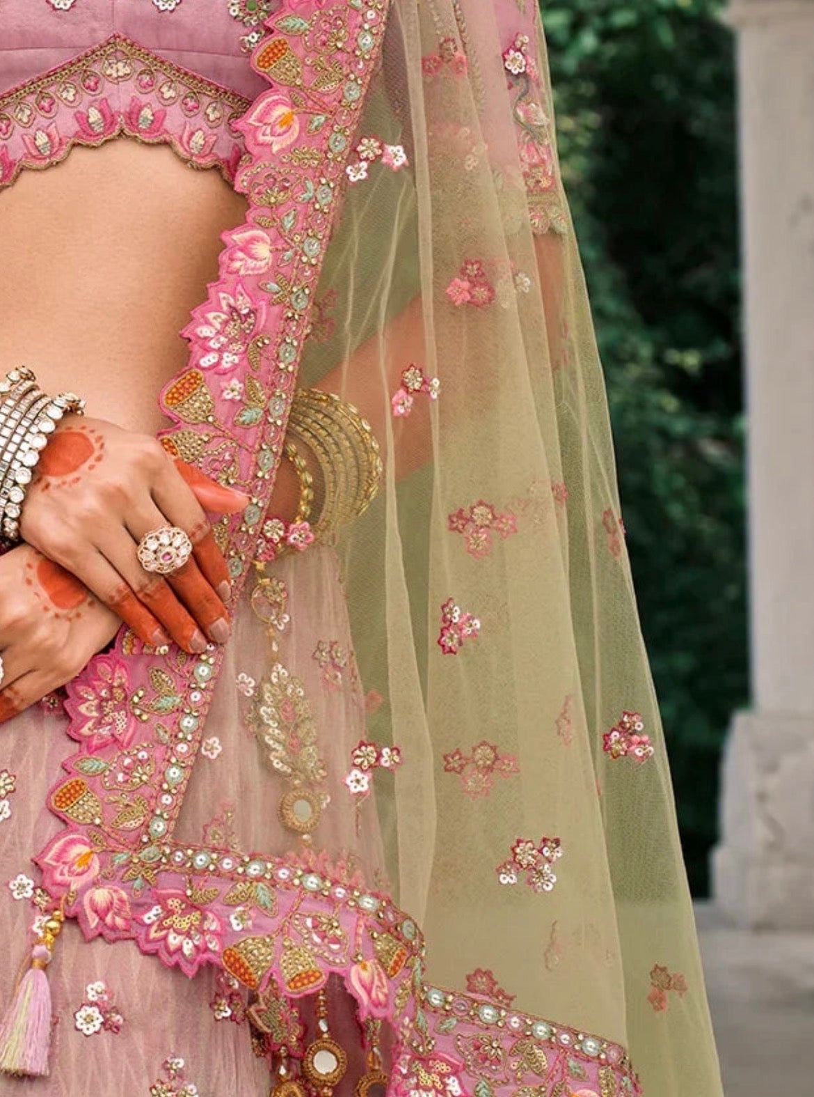 Pink Floral Light Olive Green Shaded Embroidered Silk Lehenga