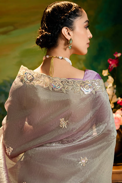 Lavender Grey Tissue Silk Saree with Sequin Border Work