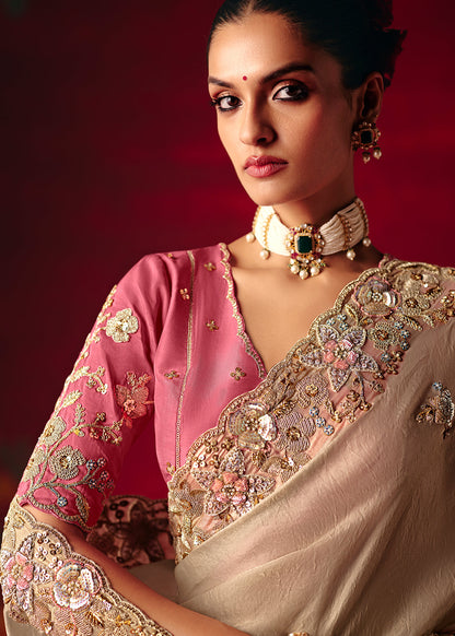 Cream Soft Tissue Silk Heavy Border Designer Saree