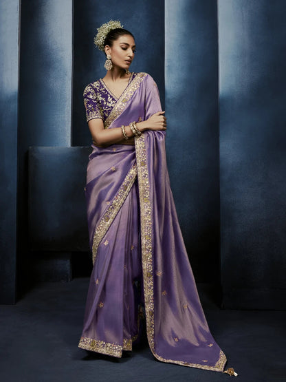 Lavender Tissue Silk Heavy Work Designer Saree with Readymade Blouse