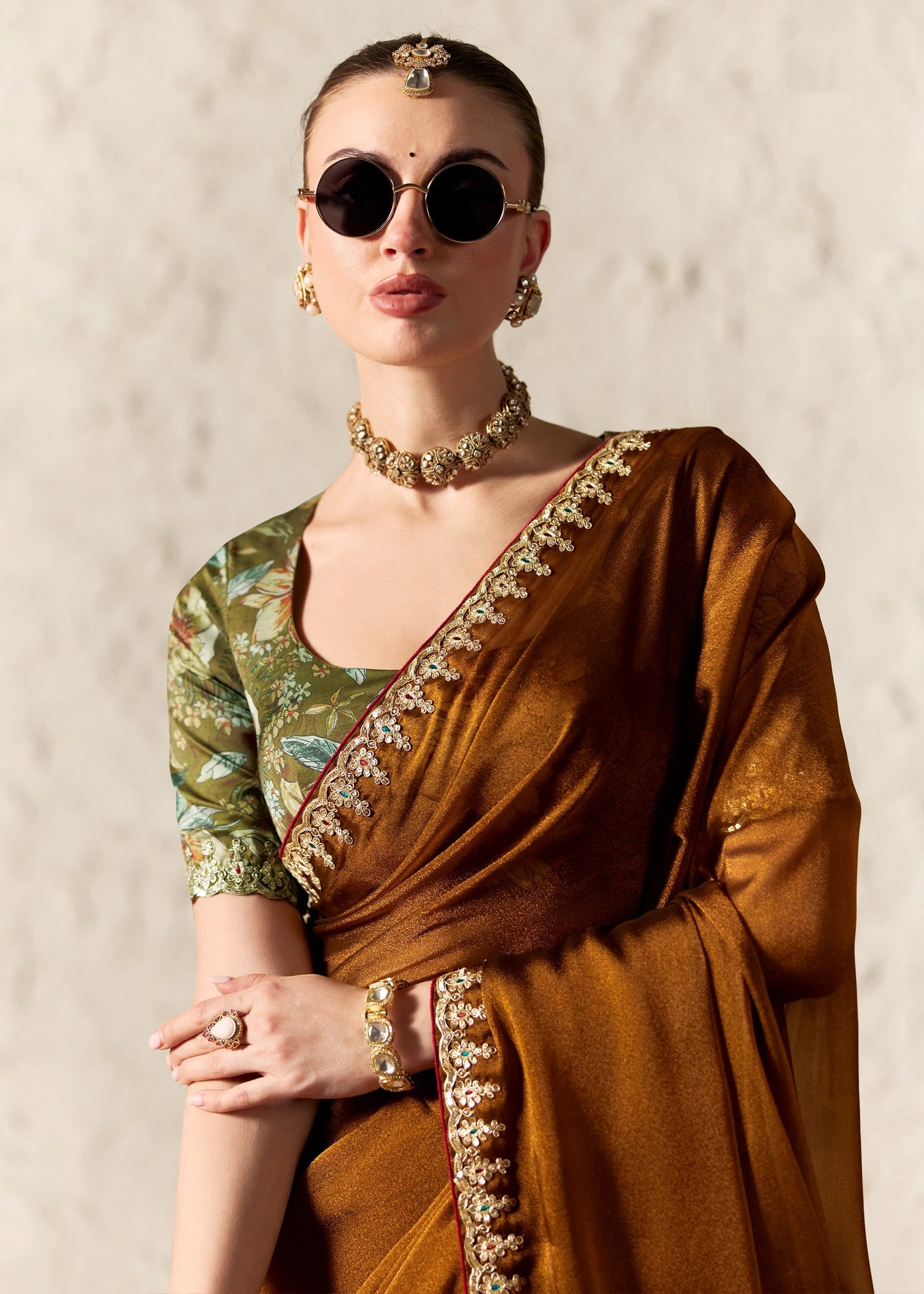 Copper Brown Soft Tissue Silk Designer Saree